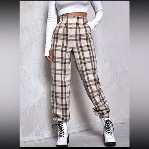 Shein High Waist Fold Pleat Tartan Pant, Size Large, Plaid